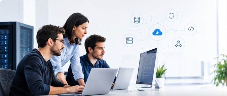 Tres profesionales trabajando frente a computadoras, con íconos de servidores, seguridad y nube